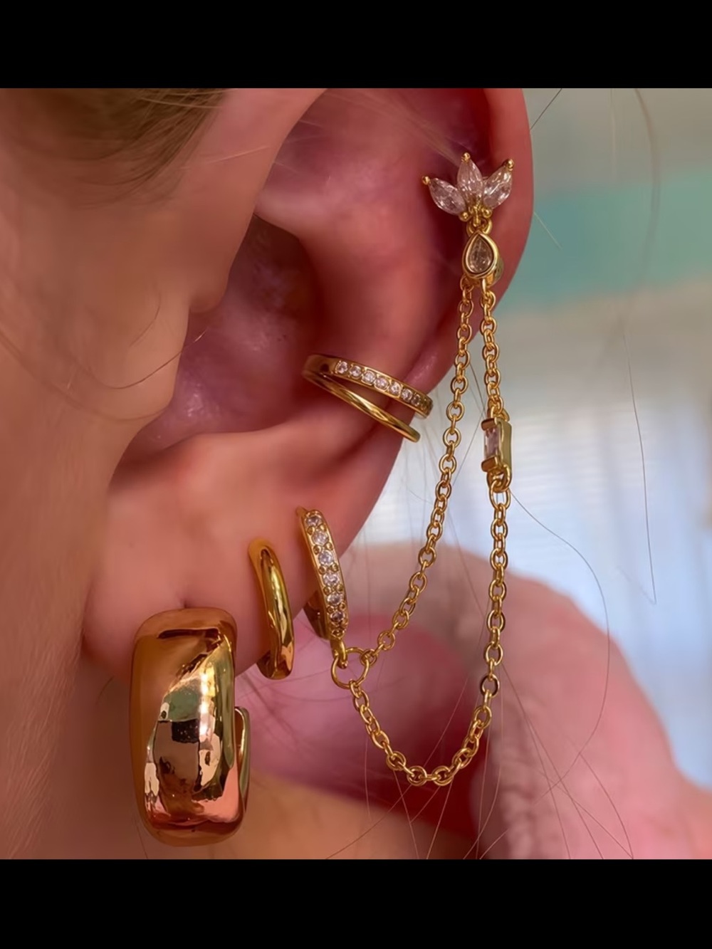 Gold-Tone Chain Ear Cuff 4p Set with Crystal Accents